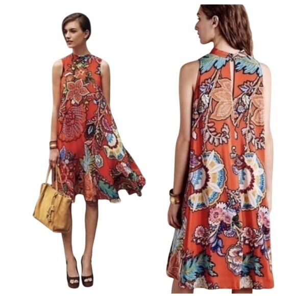 MAEVE Anthro Larkhill Silk Boho Small Dress Trapeze Swing Floral Orange Colorful - Picture 2 of 16